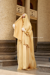 Humaira 3 Piece Abaya Set In Yellow Gold Organza Luxurious Kaftan With Inner Dress, Scarf