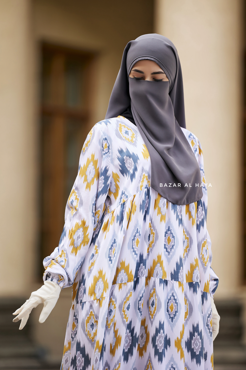 Sadia White/Yellow Print Dress - 100% Cotton Summer Tiered Abaya - Front Zipper