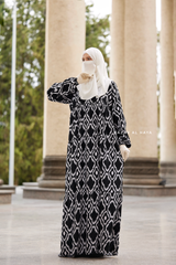 Sadia White/Black Print Dress - 100% Cotton Summer Tiered Abaya - Front Zipper