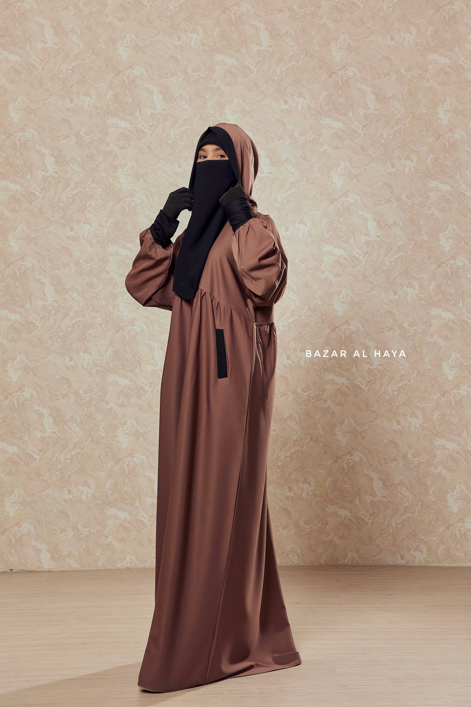 Kalina Brunette Hooded Abaya Dress With Pockets Mediumweight Silk Cr Bazar Al Haya