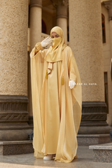 Humaira 3 Piece Abaya Set In Yellow Gold Organza Luxurious Kaftan With Inner Dress, Scarf