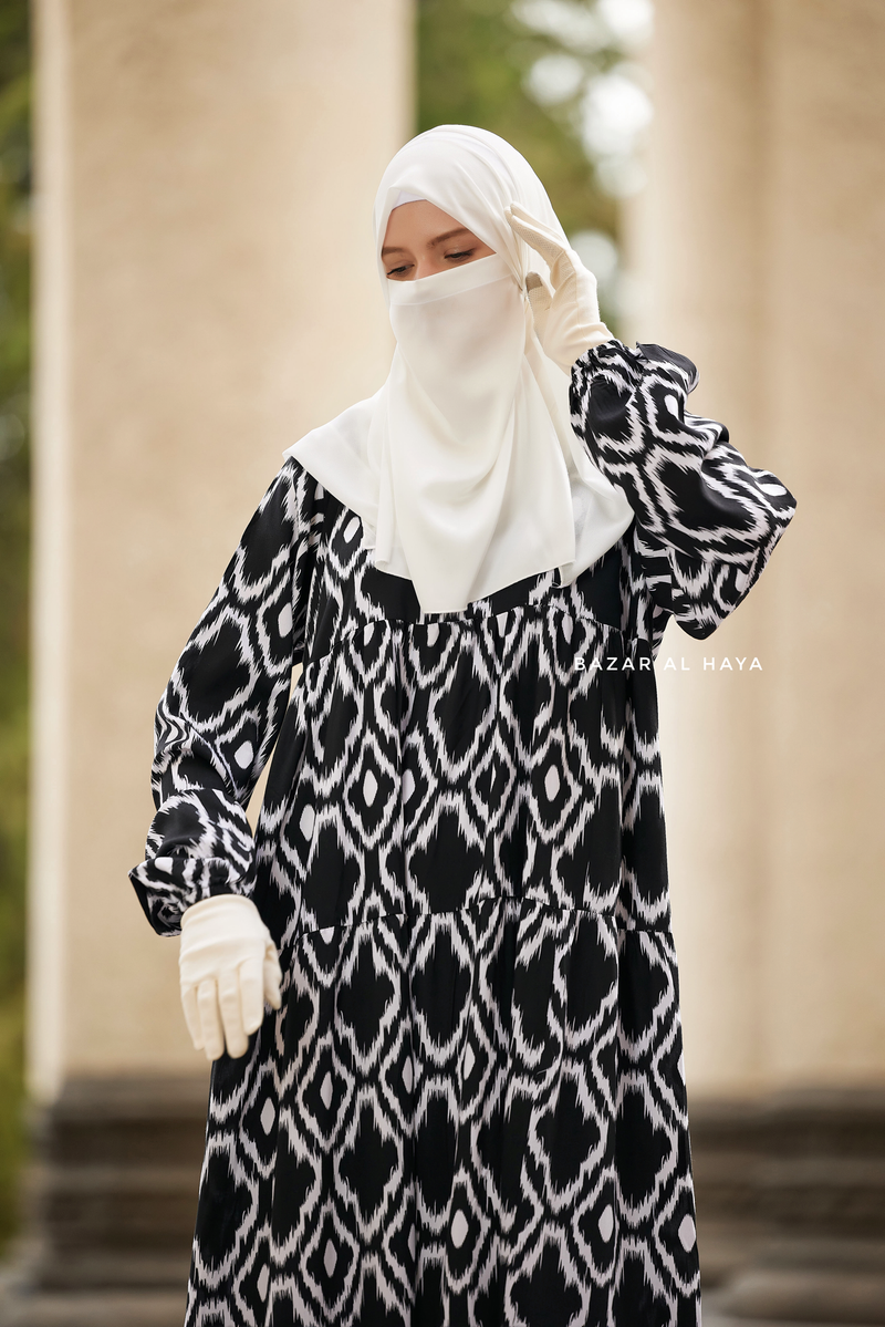 Sadia White/Black Print Dress - 100% Cotton Summer Tiered Abaya - Front Zipper