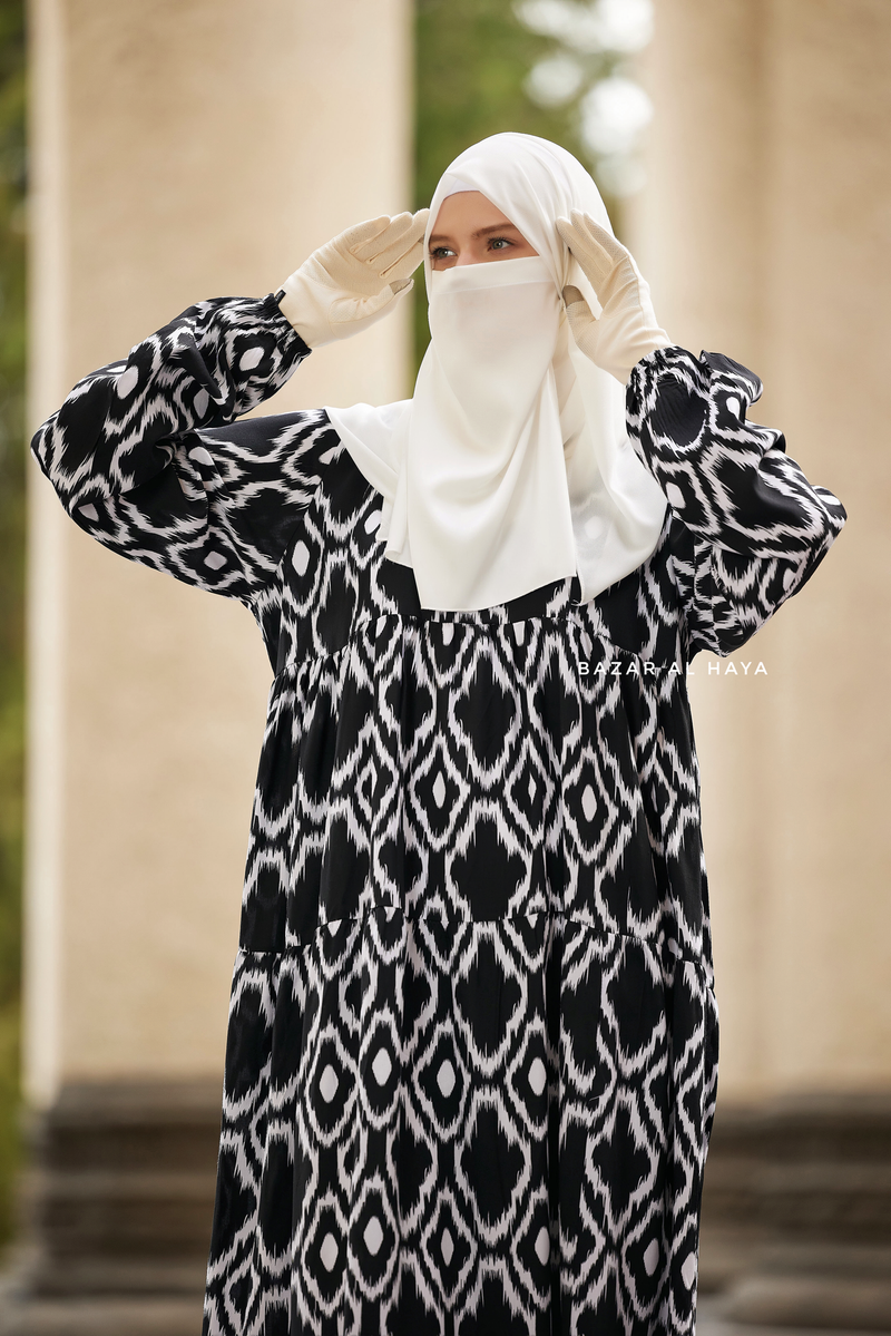 Sadia White/Black Print Dress - 100% Cotton Summer Tiered Abaya - Front Zipper