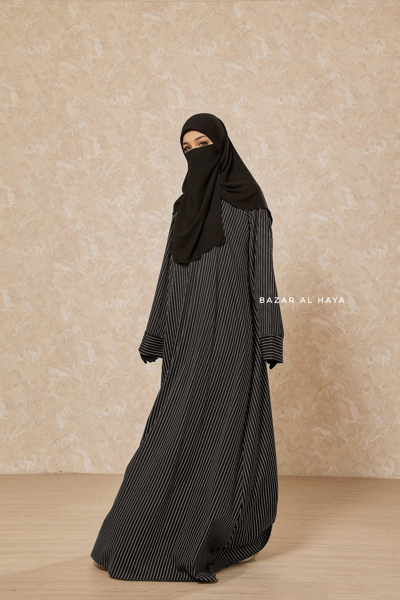 Black & White Striped Madina Abaya - Soft Relaxed Fit - Mediumweight Silk Crepe