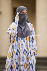 Sadia White/Yellow Print Dress - 100% Cotton Summer Tiered Abaya - Front Zipper