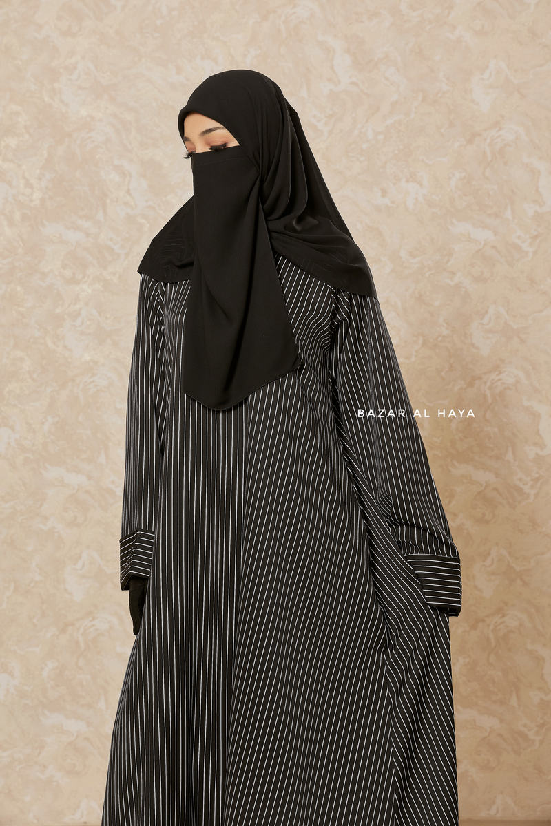 Black & White Striped Madina Abaya - Soft Relaxed Fit - Mediumweight Silk Crepe