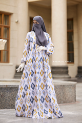 Sadia White/Yellow Print Dress - 100% Cotton Summer Tiered Abaya - Front Zipper