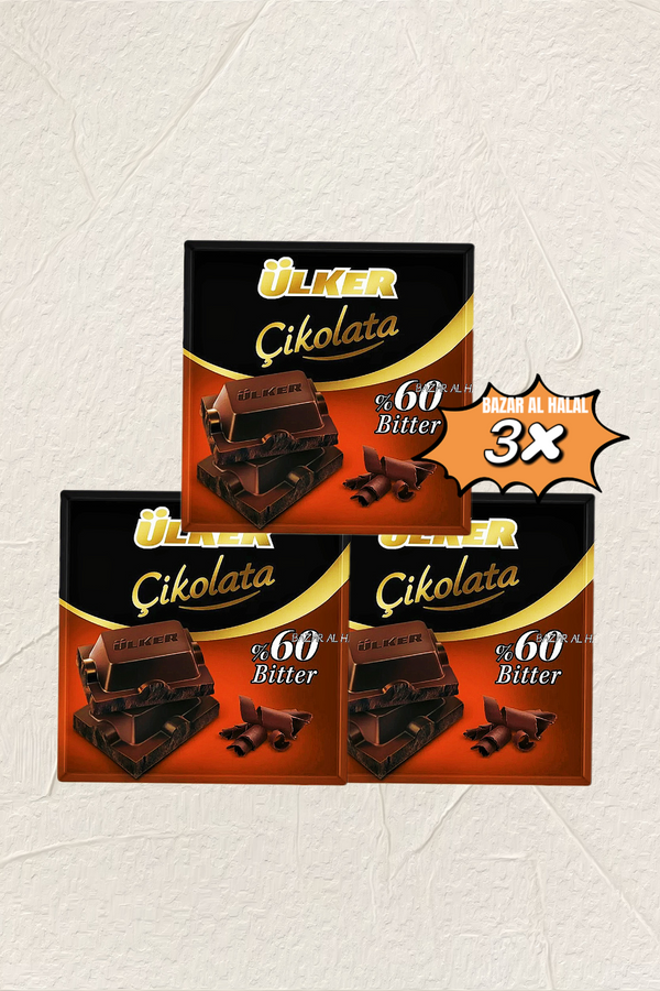 3 Pack Ulker Cocoa Chocolate Square Bar - 60% Bitter