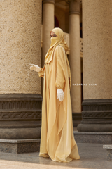 Humaira 3 Piece Abaya Set In Yellow Gold Organza Luxurious Kaftan With Inner Dress, Scarf