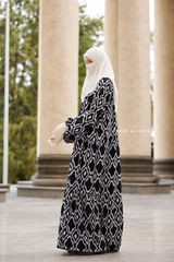 Sadia White/Black Print Dress - 100% Cotton Summer Tiered Abaya - Front Zipper