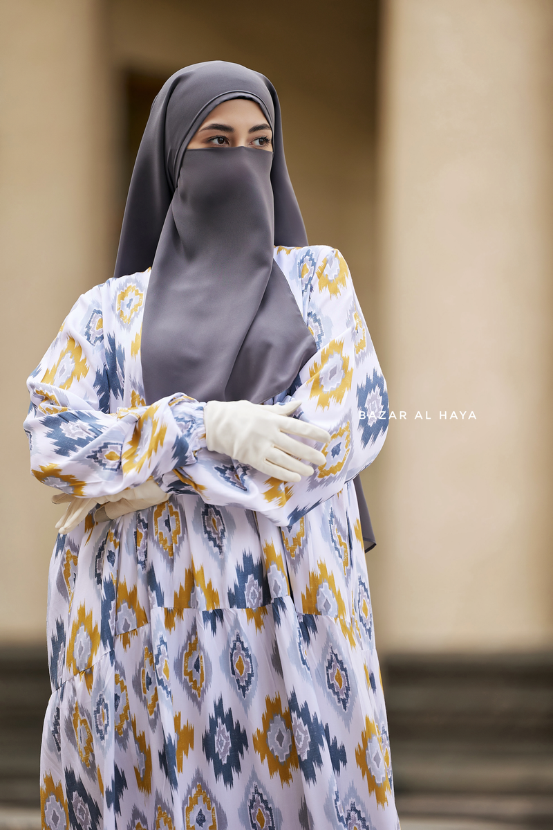 Sadia White/Yellow Print Dress - 100% Cotton Summer Tiered Abaya - Front Zipper