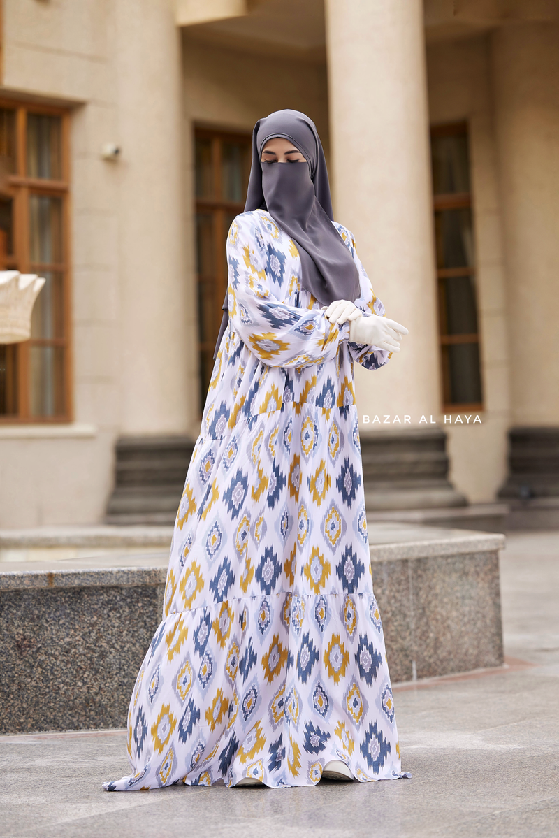 Sadia White/Yellow Print Dress - 100% Cotton Summer Tiered Abaya - Front Zipper