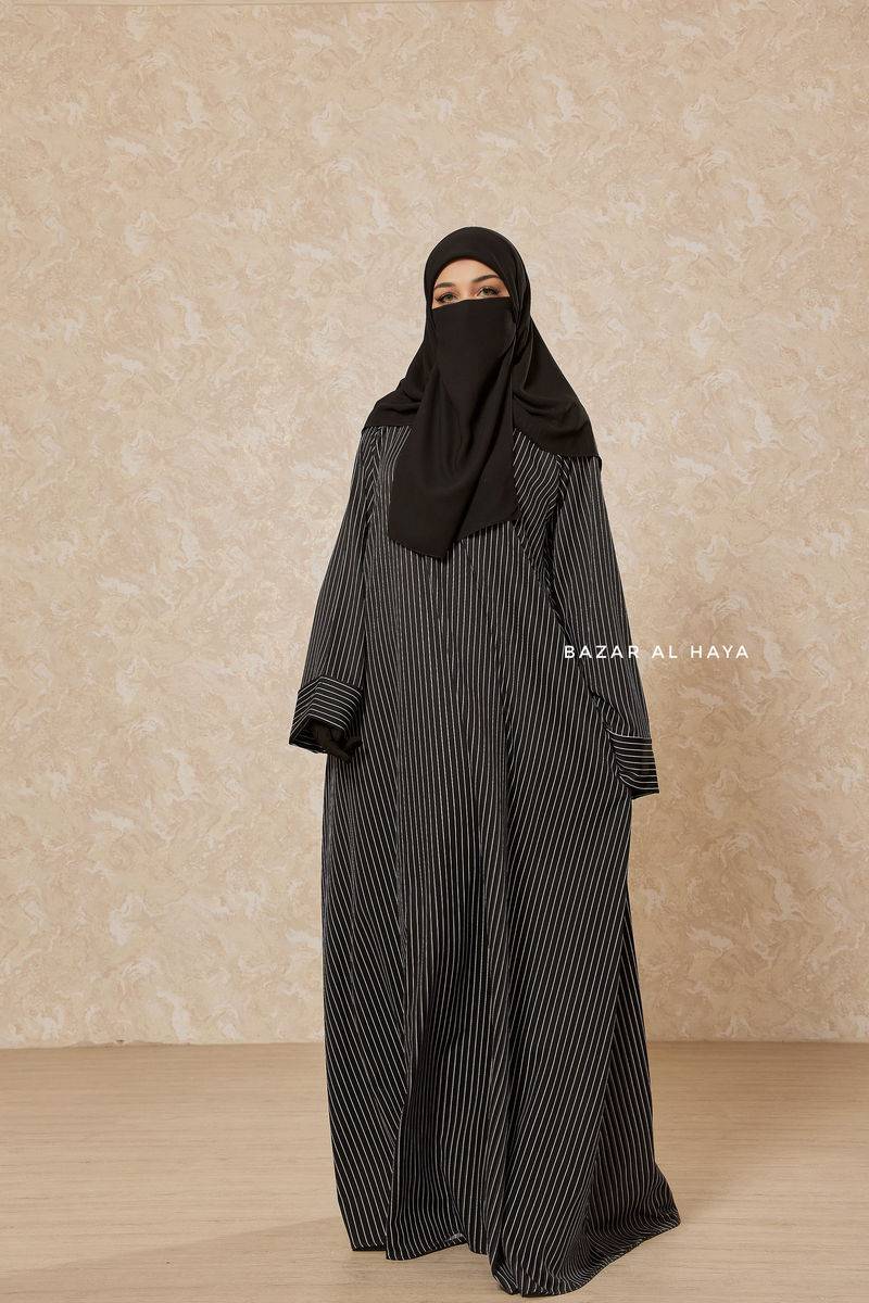 Black & White Striped Madina Abaya - Soft Relaxed Fit - Mediumweight Silk Crepe