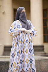 Sadia White/Yellow Print Dress - 100% Cotton Summer Tiered Abaya - Front Zipper