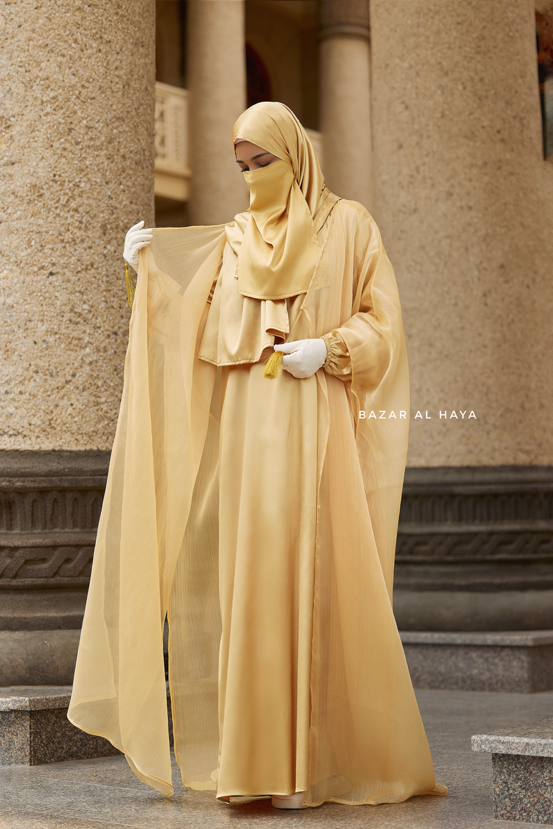 Humaira 3 Piece Abaya Set In Yellow Gold Organza Luxurious Kaftan With Inner Dress, Scarf