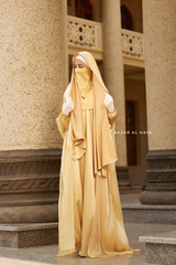 Humaira 3 Piece Abaya Set In Yellow Gold Organza Luxurious Kaftan With Inner Dress, Scarf