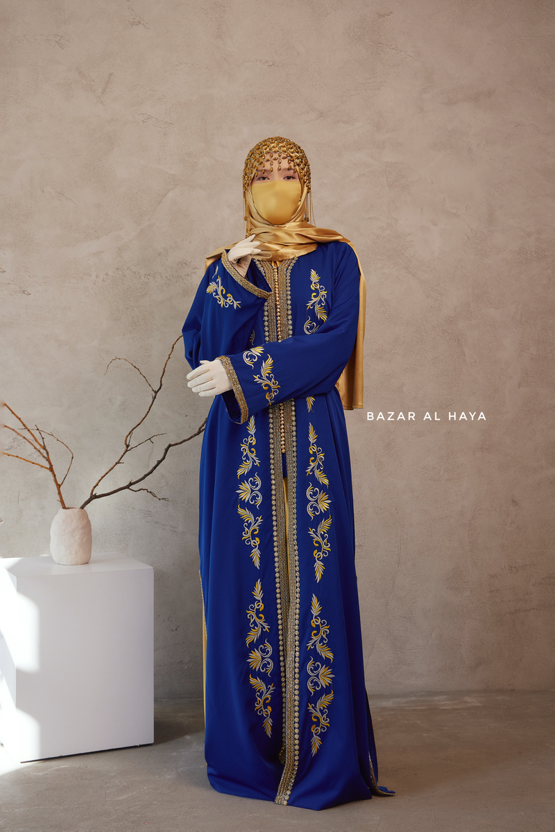 Royal Blue Reshma Moroccan Kaftan Abaya Embroidery Dress With Gold Abaya & Belt - 3 Piece Set