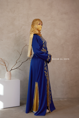 Royal Blue Reshma Moroccan Kaftan Abaya Embroidery Dress With Gold Abaya & Belt - 3 Piece Set