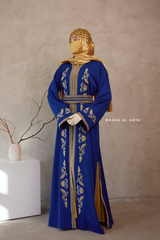 Royal Blue Reshma Moroccan Kaftan Abaya Embroidery Dress With Gold Abaya & Belt - 3 Piece Set