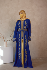 Royal Blue Reshma Moroccan Kaftan Abaya Embroidery Dress With Gold Abaya & Belt - 3 Piece Set