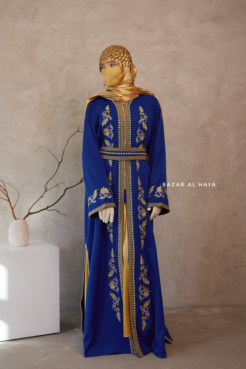 Royal Blue Reshma Moroccan Kaftan Abaya Embroidery Dress With Gold Abaya & Belt - 3 Piece Set