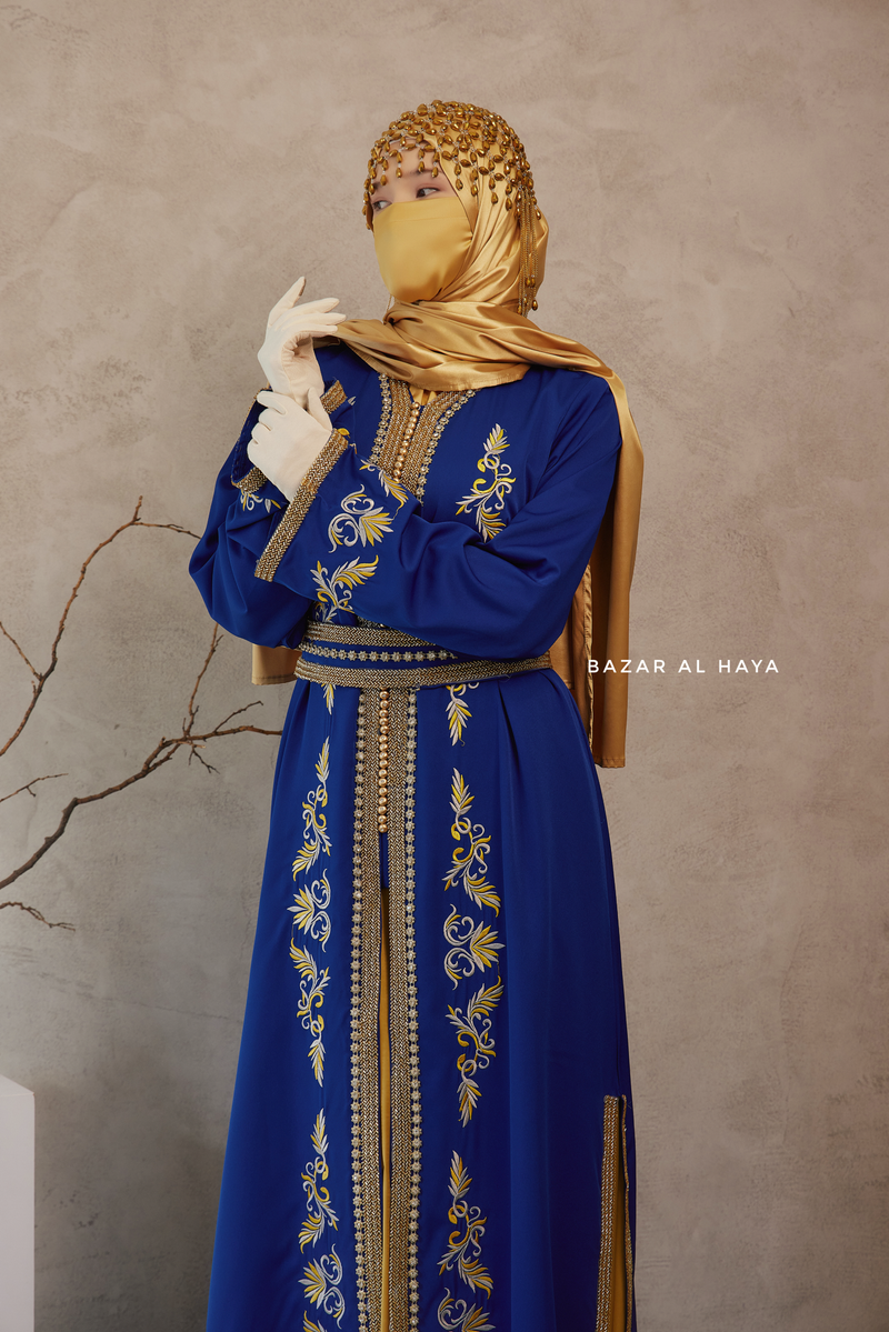 Royal Blue Reshma Moroccan Kaftan Abaya Embroidery Dress With Gold Abaya & Belt - 3 Piece Set