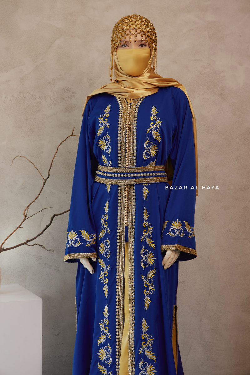 Royal Blue Reshma Moroccan Kaftan Abaya Embroidery Dress With Gold Abaya & Belt - 3 Piece Set