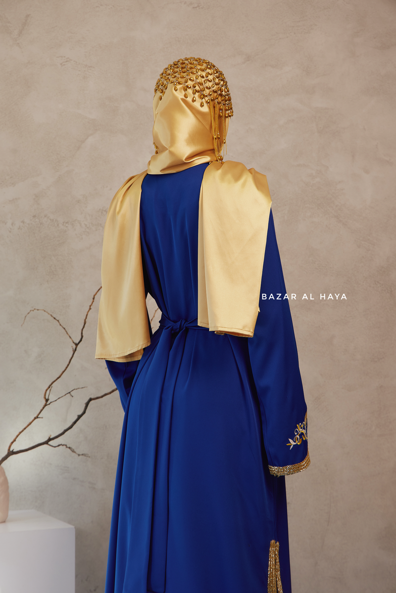 Royal Blue Reshma Moroccan Kaftan Abaya Embroidery Dress With Gold Abaya & Belt - 3 Piece Set