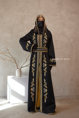 Black Reshma Moroccan Kaftan Abaya Embroidery Dress With Gold Abaya & Belt - 3 Piece Set