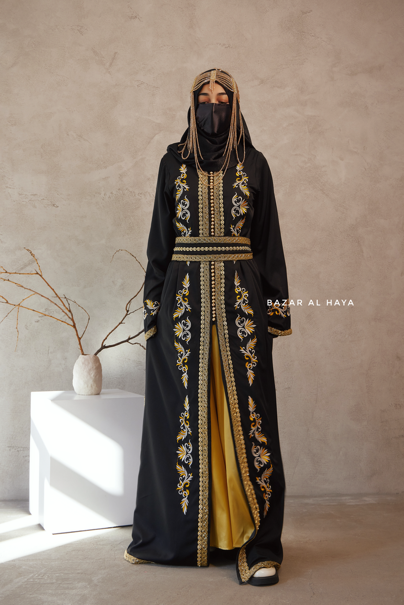 Black Reshma Moroccan Kaftan Abaya Embroidery Dress With Gold Abaya & Belt - 3 Piece Set