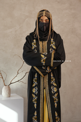 Black Reshma Moroccan Kaftan Abaya Embroidery Dress With Gold Abaya & Belt - 3 Piece Set