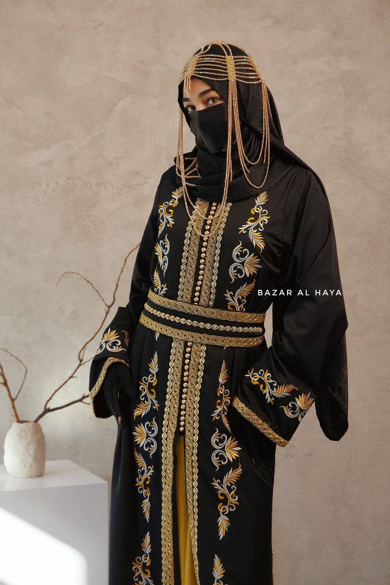 Black Reshma Moroccan Kaftan Abaya Embroidery Dress With Gold Abaya & Belt - 3 Piece Set