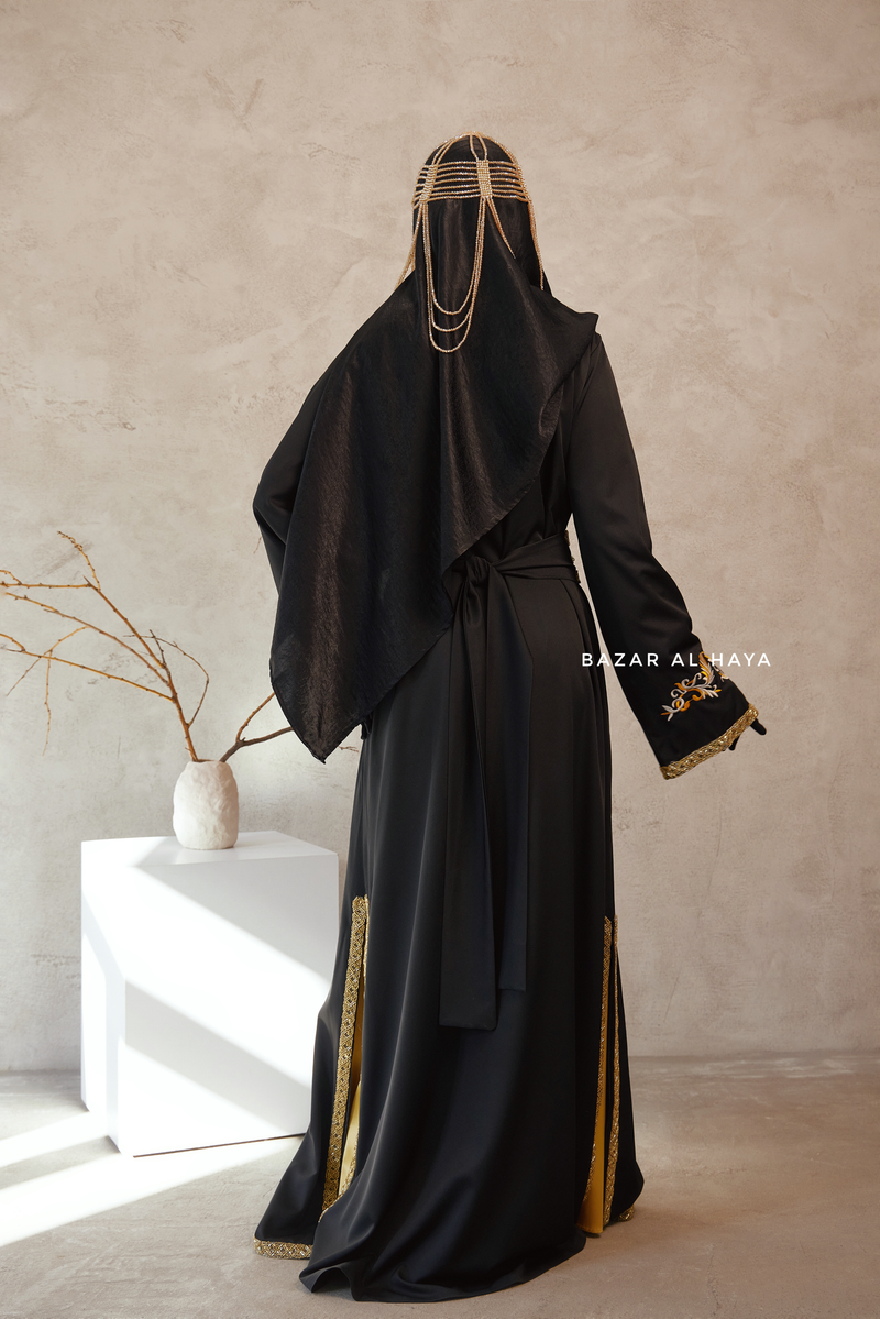 Black Reshma Moroccan Kaftan Abaya Embroidery Dress With Gold Abaya & Belt - 3 Piece Set