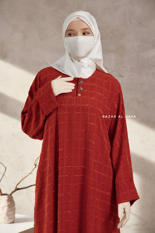 Burn Orange Feruza Loose Fit Abaya With Pockets - Square Pattern Jakarta Woven