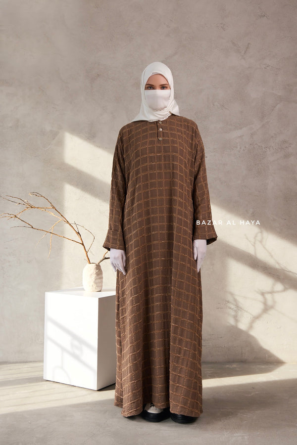 Cappuccino Feruza Loose Fit Abaya With Pockets - Square Pattern Jakarta Woven