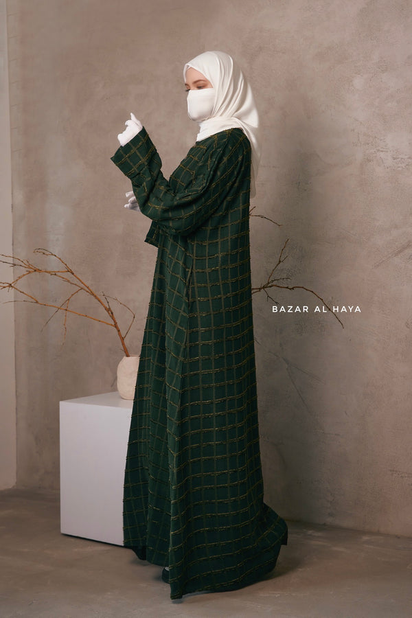 Emerald Feruza Loose Fit Abaya With Pockets - Square Pattern Jakarta Woven