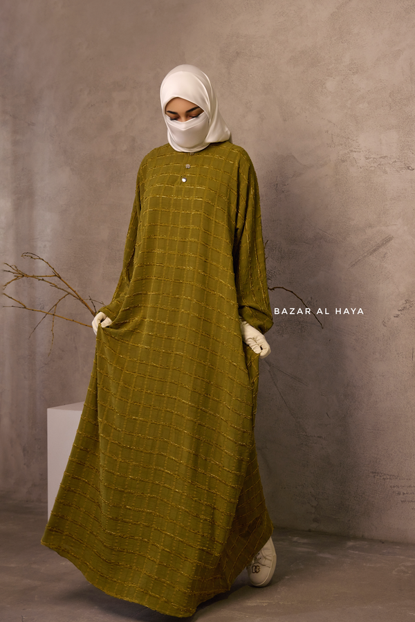 Olive Feruza Loose Fit Abaya With Pockets - Square Pattern Jakarta Woven