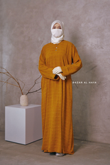 Mustard Feruza Loose Fit Abaya With Pockets - Square Pattern Jakarta Woven