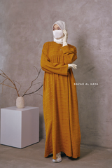 Mustard Feruza Loose Fit Abaya With Pockets - Square Pattern Jakarta Woven