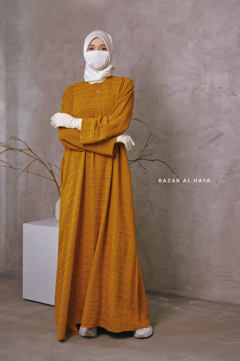 Mustard Feruza Loose Fit Abaya With Pockets - Square Pattern Jakarta Woven