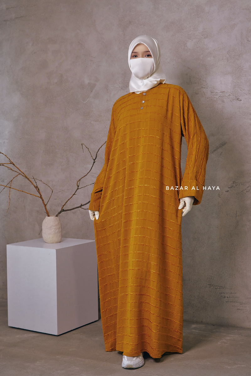 Mustard Feruza Loose Fit Abaya With Pockets - Square Pattern Jakarta Woven