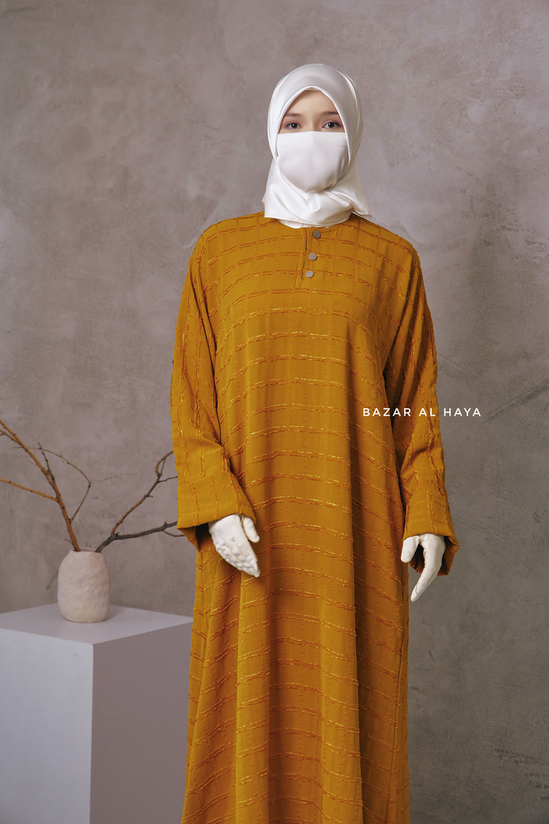 Mustard Feruza Loose Fit Abaya With Pockets - Square Pattern Jakarta Woven