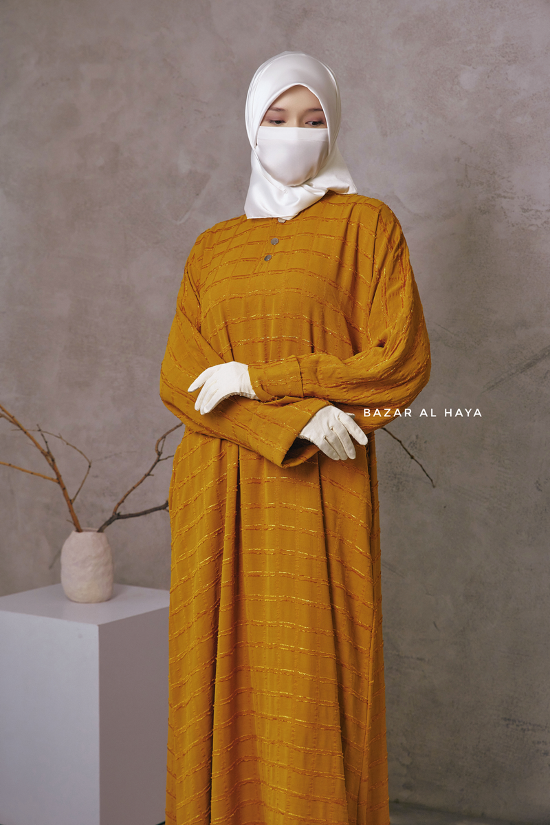 Mustard Feruza Loose Fit Abaya With Pockets - Square Pattern Jakarta Woven