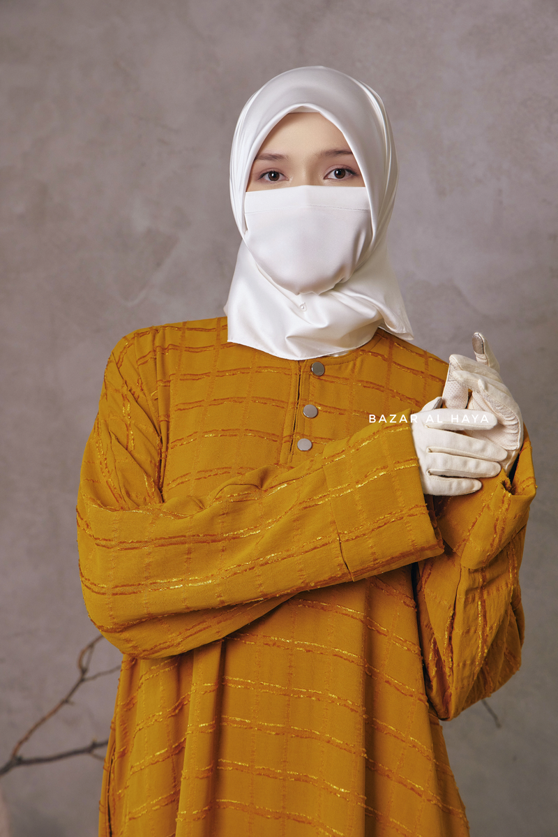 Mustard Feruza Loose Fit Abaya With Pockets - Square Pattern Jakarta Woven