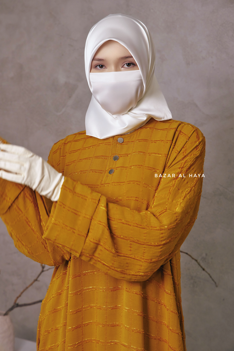 Mustard Feruza Loose Fit Abaya With Pockets - Square Pattern Jakarta Woven