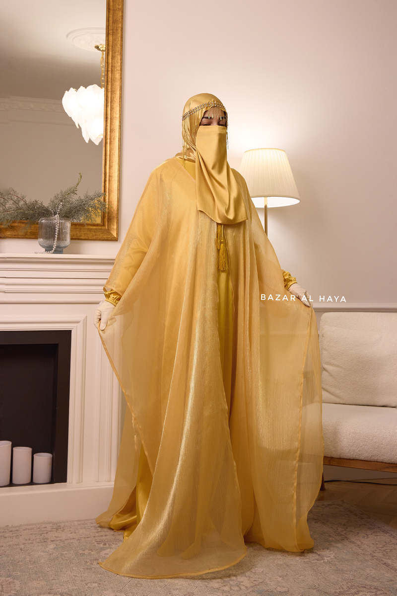 Humaira 3 Piece Abaya Set In Yellow Gold Organza Luxurious Kaftan With Inner Dress, Scarf