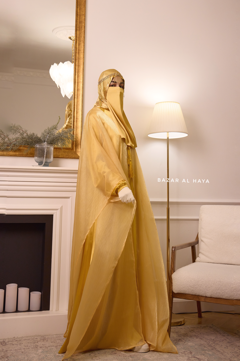 Humaira 3 Piece Abaya Set In Yellow Gold Organza Luxurious Kaftan With Inner Dress, Scarf