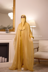 Humaira 3 Piece Abaya Set In Yellow Gold Organza Luxurious Kaftan With Inner Dress, Scarf