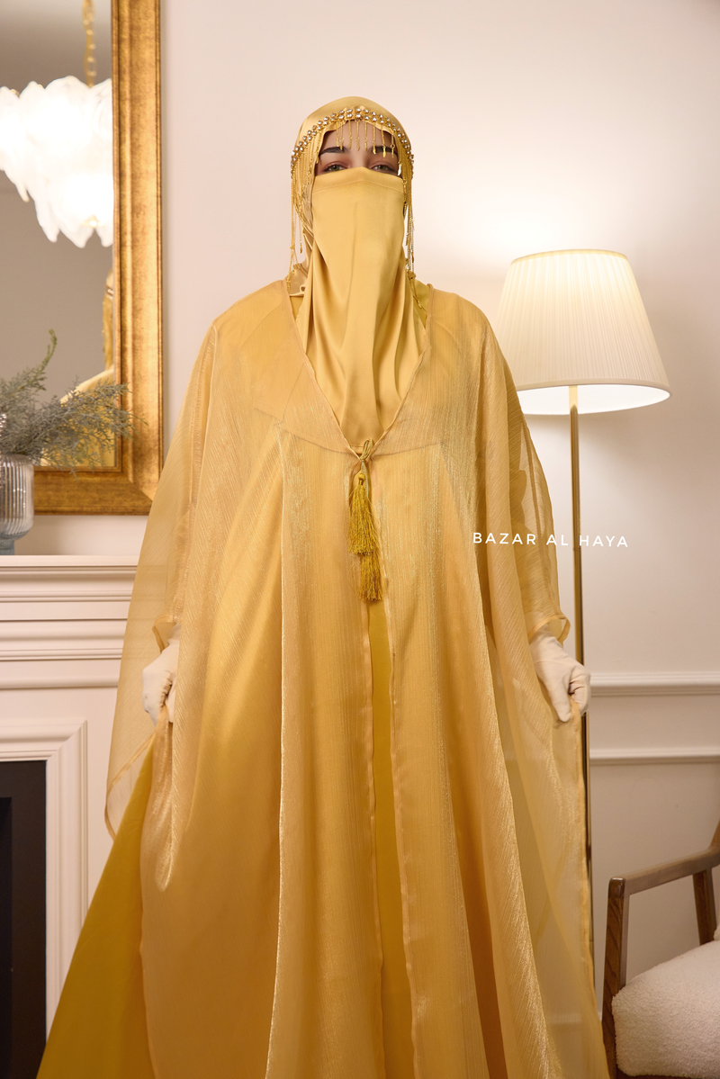 Humaira 3 Piece Abaya Set In Yellow Gold Organza Luxurious Kaftan With Inner Dress, Scarf