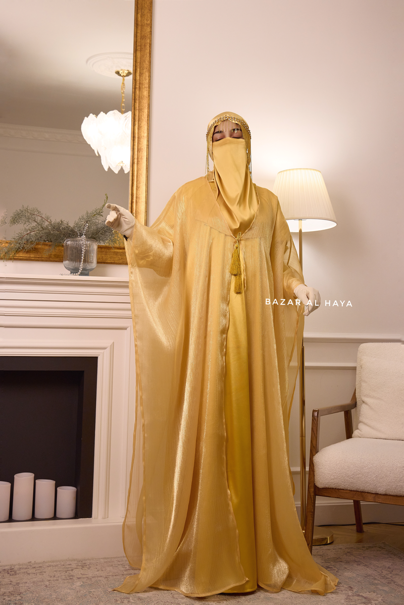 Humaira 3 Piece Abaya Set In Yellow Gold Organza Luxurious Kaftan With Inner Dress, Scarf